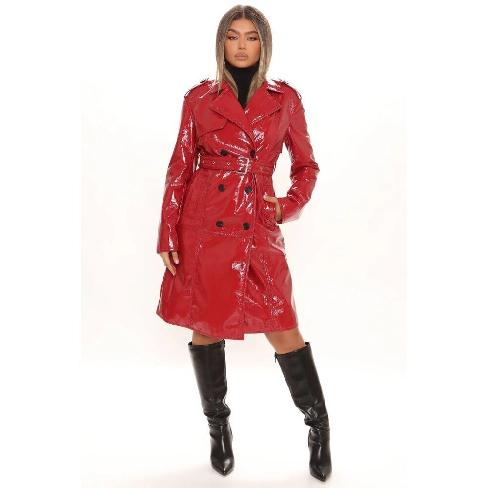 Fashion Nova Womens Mid Patent Trench Coat Size M Red Belted Lined Casual New